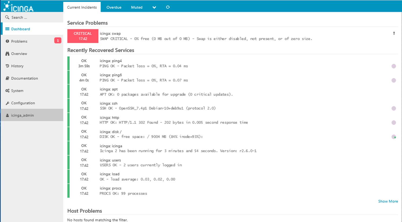 Icinga Dashboard and Current Incidents