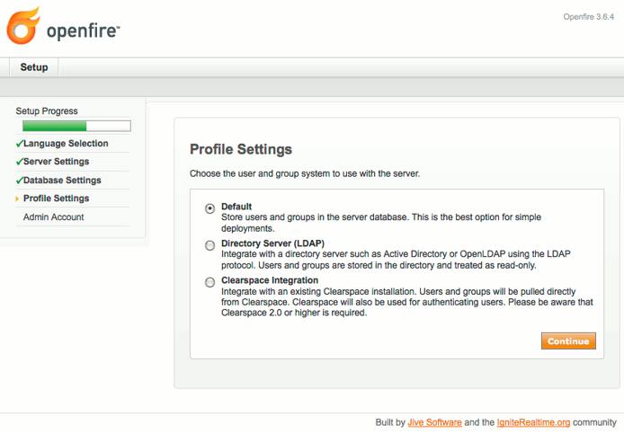 Profile storage selection in Openfire setup on Debian 6 (Squeeze).