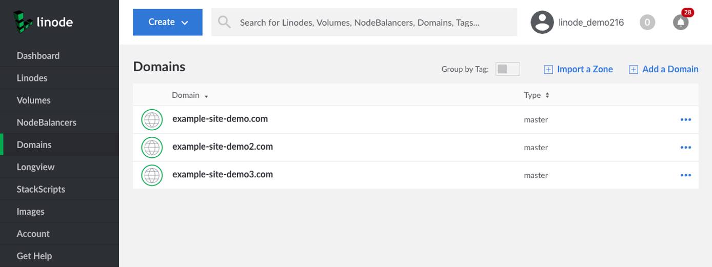 This page shows the Domains page with three different domain zones listed.