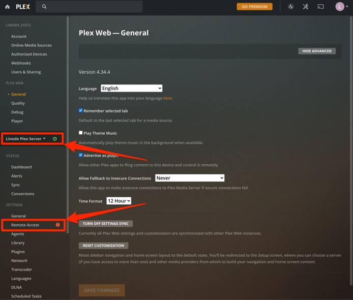 Plex Server Remote Access Settings